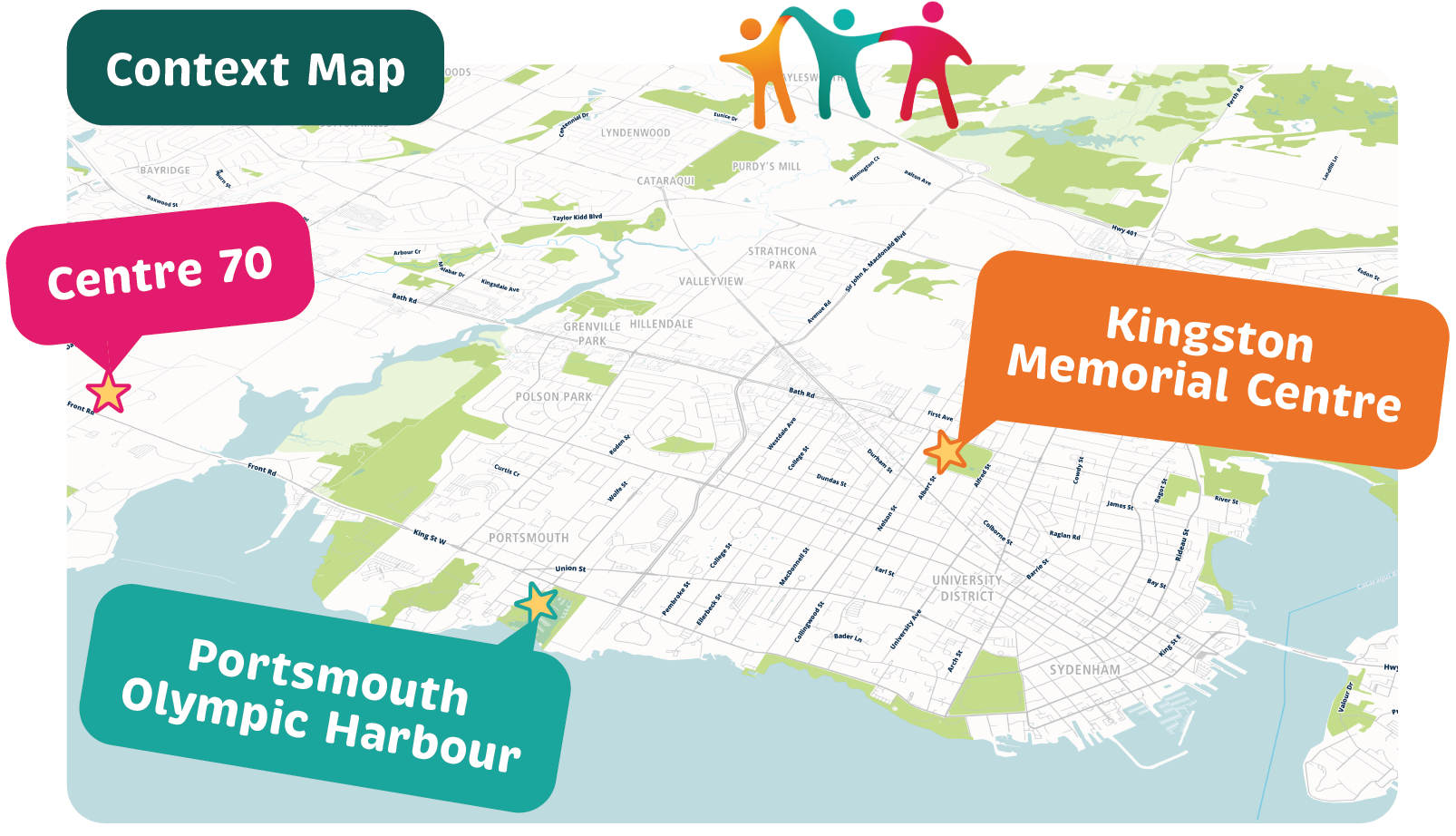 A map of Kingston showing the locations of the three project locations.