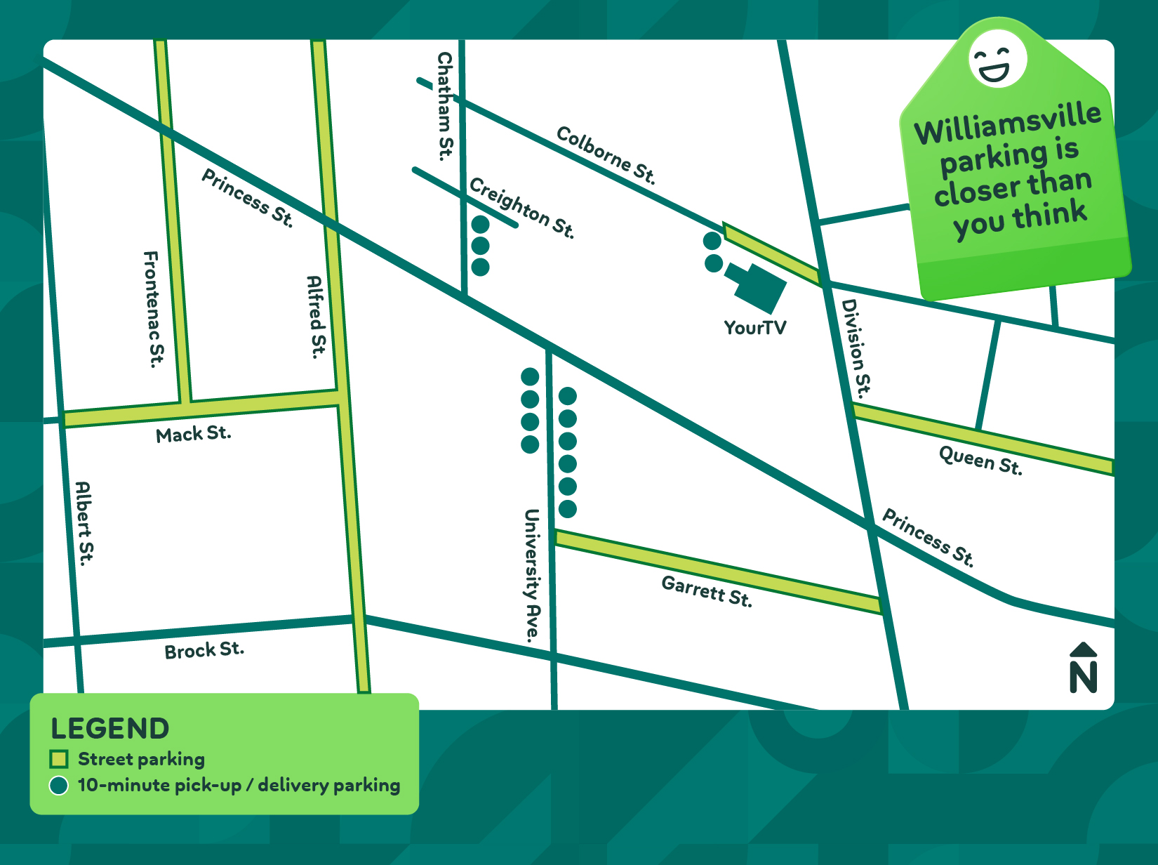 A map of Williamsville. Parking is available on nearby streets including Queen, Garrett, Alfred, Mack and Frontenac, and part of Colborne. Several 10-minute pick-up/delivery parking spots are available on University, Chatham, and in the YourTV parking lot. Williamsville parking is closer than you think.