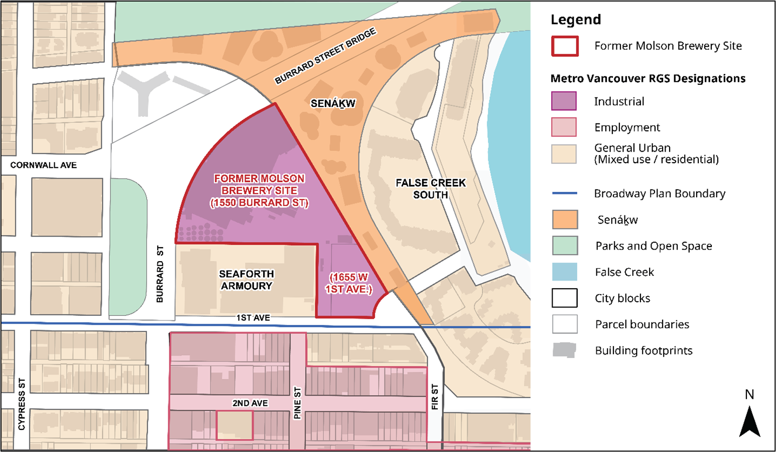 Map of Molson Brewery site context showing 1st Avenue to the south, Burrard Street to the west and north and Sen̓áḵw to the northeast. 