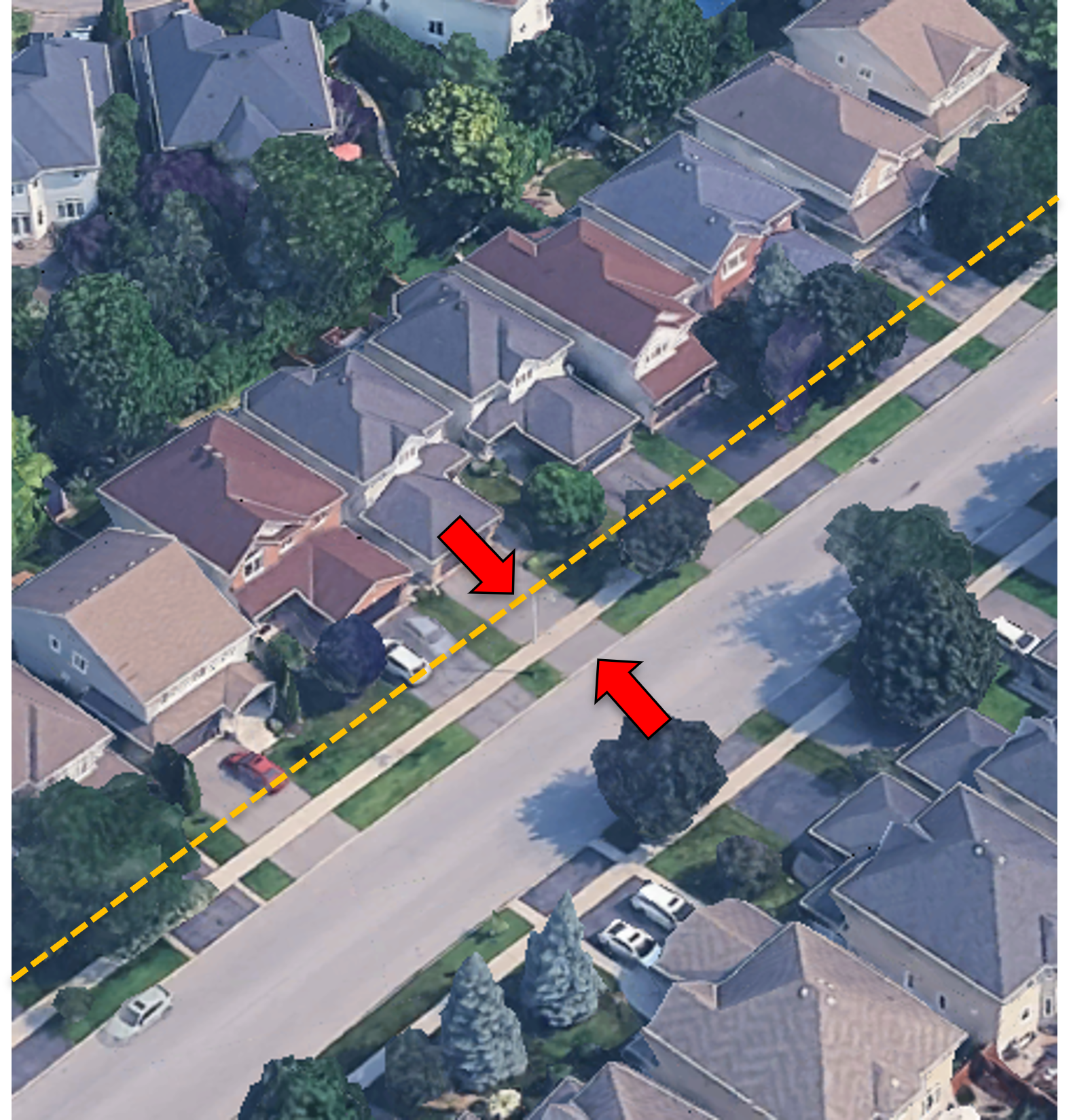 Aerial view of a suburban neighbourhood with a row of houses. There is a yellow dotted line that shows the boundary between the private property and the municipal right of way. There are two red arrows pointing to the part of the driveway that is in the municipal right of way.
