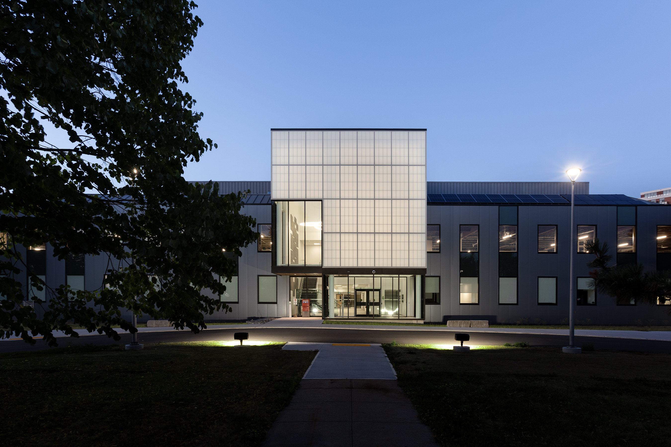 A renovated research building with a modern facade. 