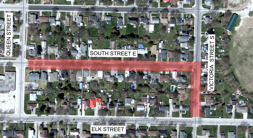 Aerial map of the portion of South Street East being reconstructed: from Queen Street to Victoria Street South