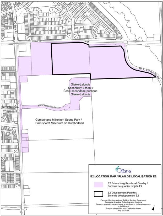 Plan du futur quartier délimité par le chemin Innes au nord, le chemin Frank Kenny à l'est, le boulevard Millenium au sud et le chemin Trim à l'ouest.