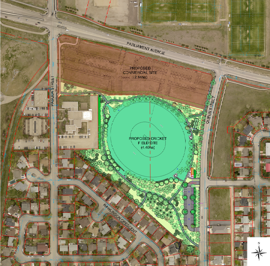 This drawing shows the circular park space and a conceptual layout for the commercial land around it.