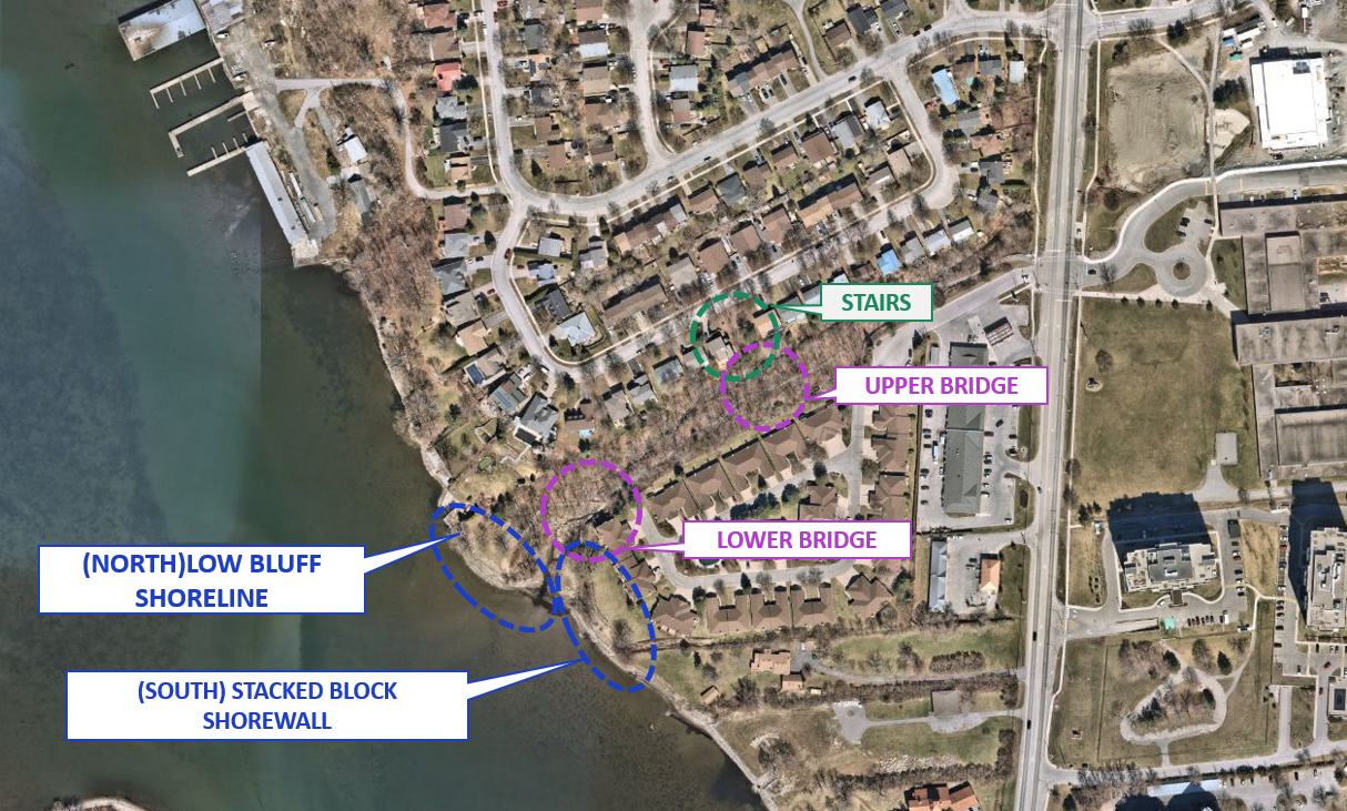 A map showing the 100 Foot Park project improvements. Two pedestrian foot bridges will be replaced as well as restoration of the shorelines near the park.