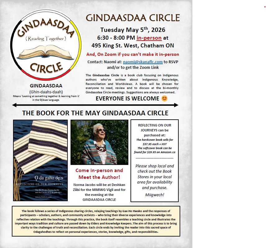 A flyer for the Gindaadsdaa Circle. All text is included below. Image of the cover of the book and one of the authors is included on the flyer.