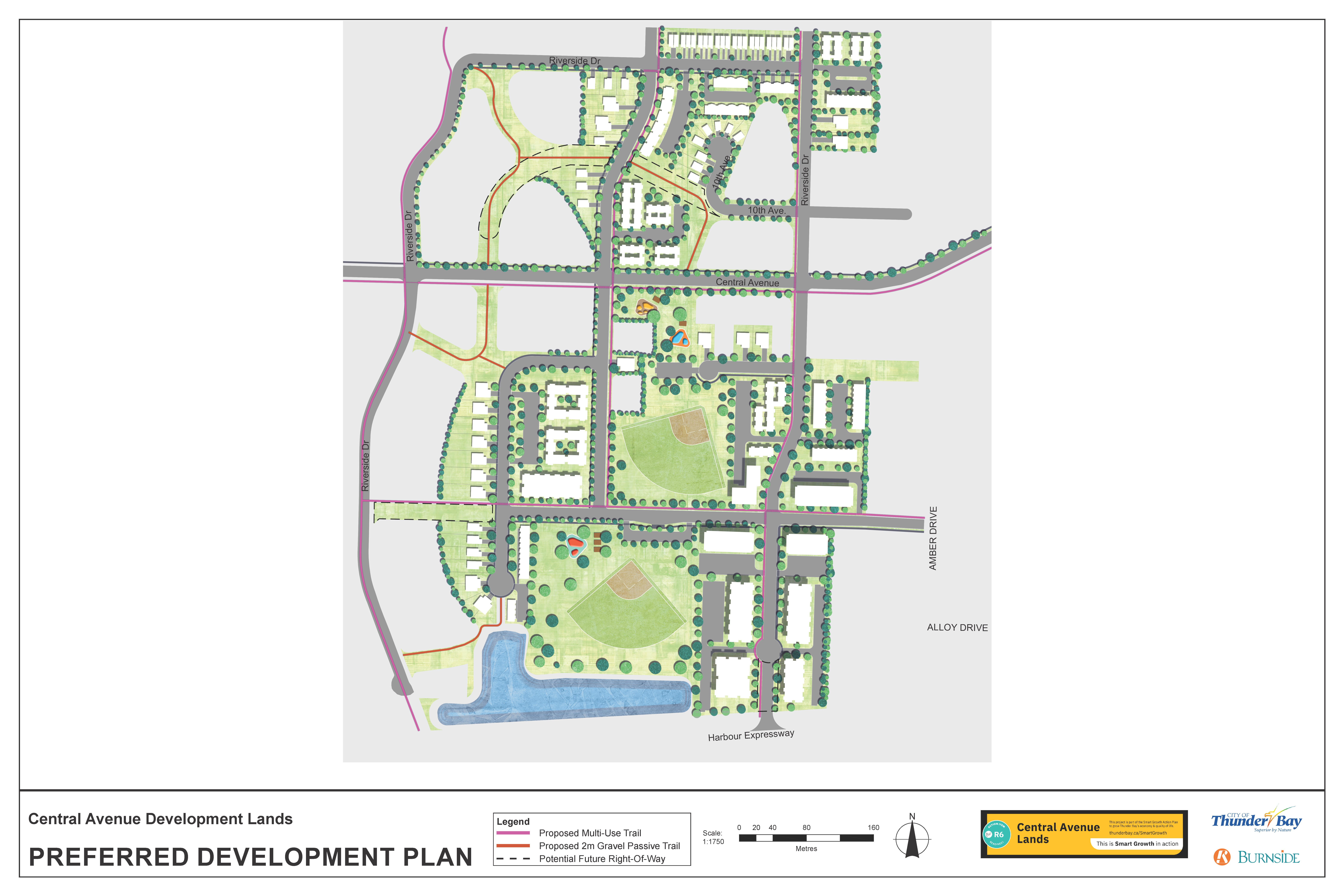 Conceptual preferred development plan for the Central Avenue Development Lands, illustrating a future neighbourhood with new roads, development areas, and trail connections linking to surrounding streets and amenities.