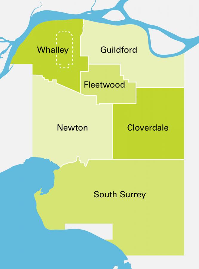 Map showing the locations of the 6 communities in Surrey.