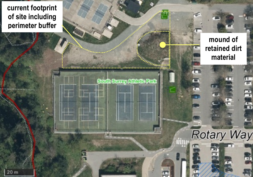 Aerial map showing the location of a retained dirt mound and the current site footprint with perimeter buffer at South Surrey Athletic Park.