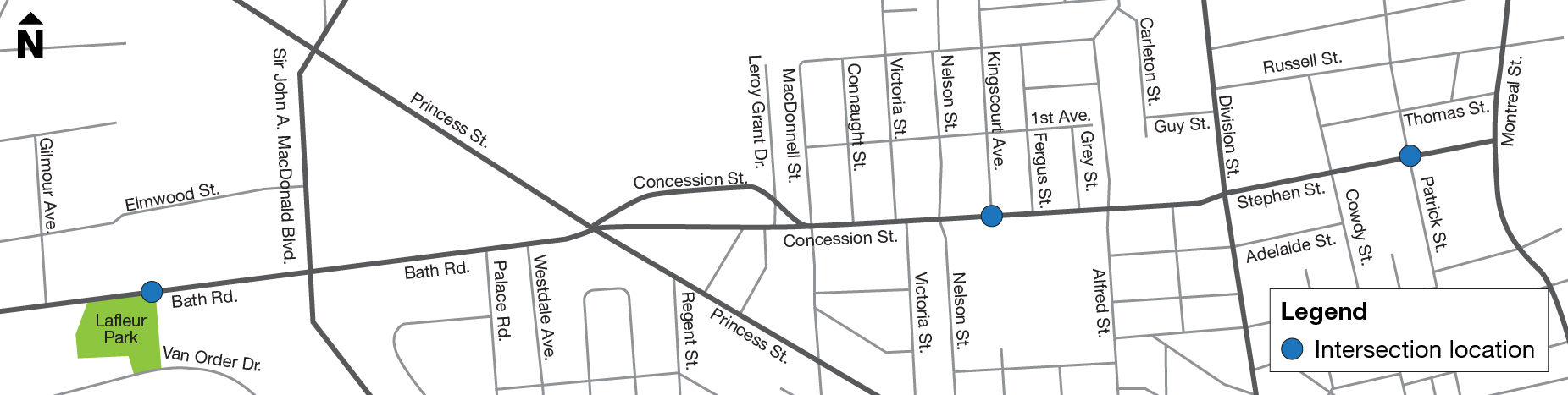 A map of Kingston indicating project locations for intersection upgrades.