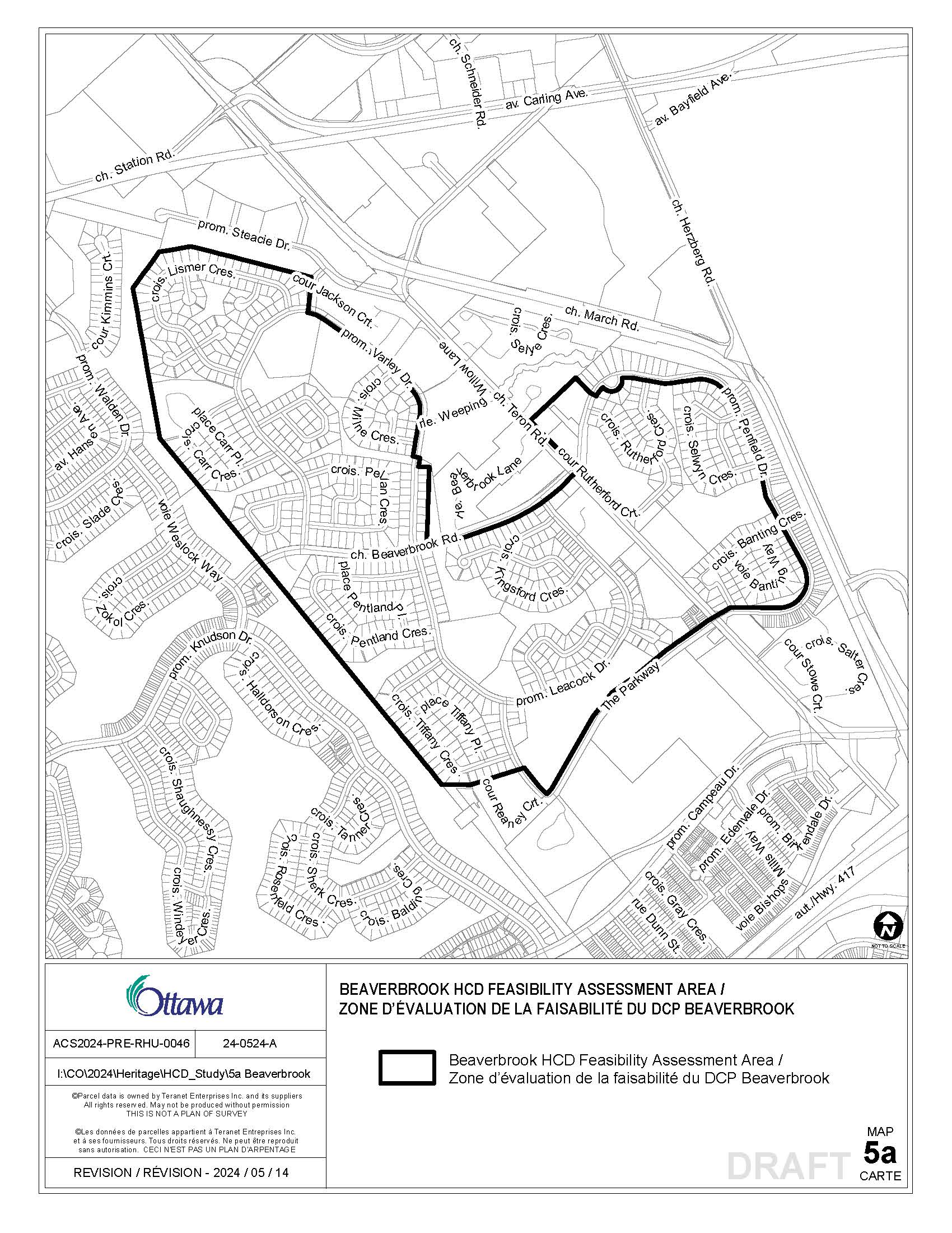 Location map illustrating the boundary of the Beaverbrook Heritage Conservation District study area. Area bounded by March Road to the north, The Parkway to the east, Knudson Drive to the south and Lismer Crescent to the west.