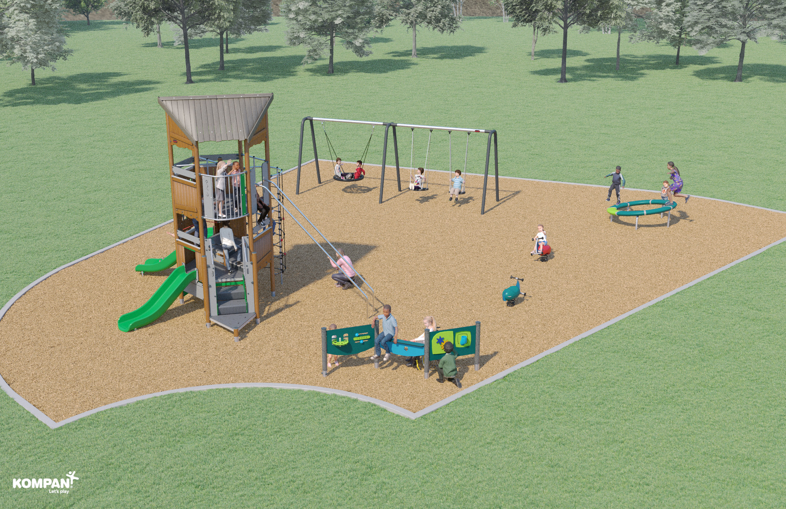 An #D rendered image showing children playing on the new playground.