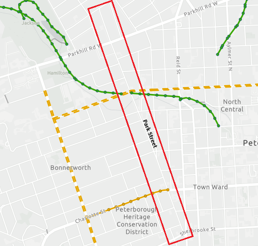 Figure 2 shows the existing cycling connections in the Park Street North Study Area