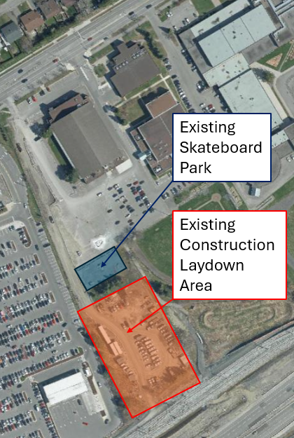 Existing site indicating current skateboard park and construction laydown area