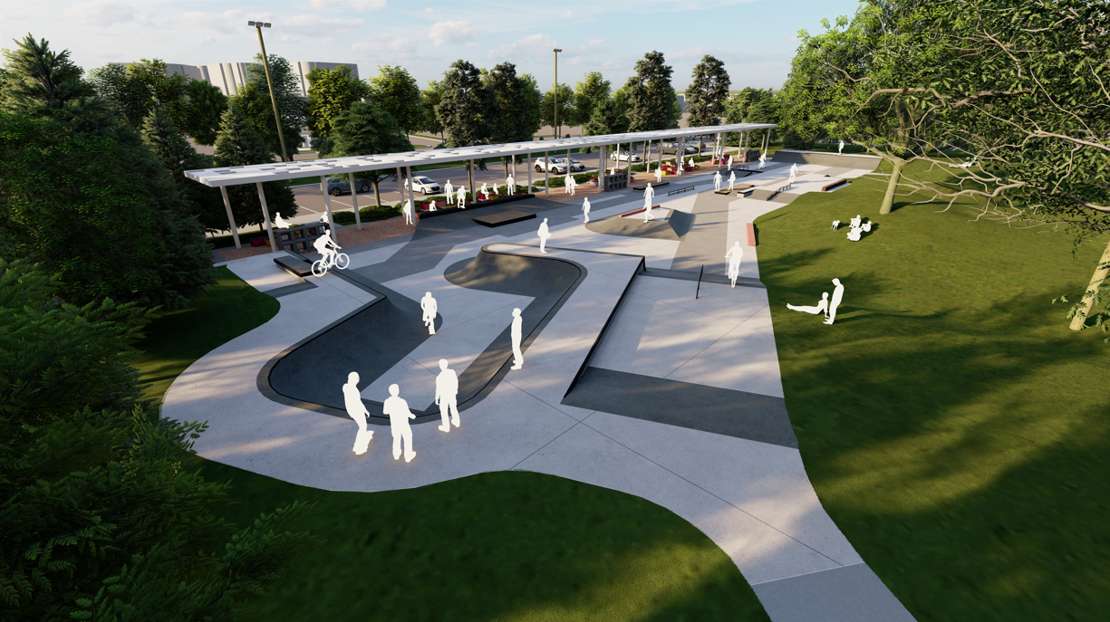 Southeast view of skateboard park and shade structure
