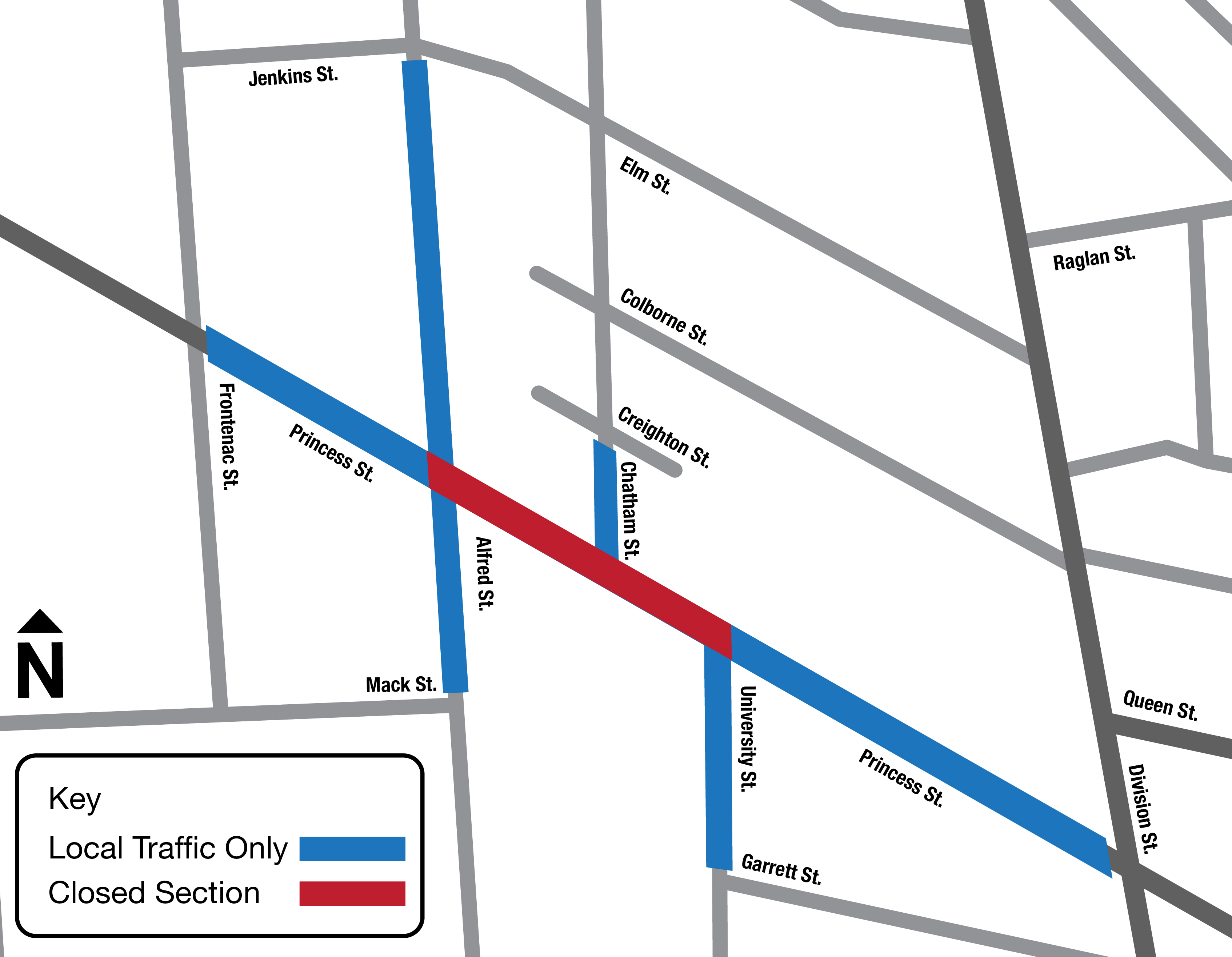 A map of Princess Street between Division Street and Frontenac Street. Princess Street from University to Alfred is highlighted in red to indicate it is a closed section of roadway. The immediate streets are highlighted in blue to signify they are for local traffic only.