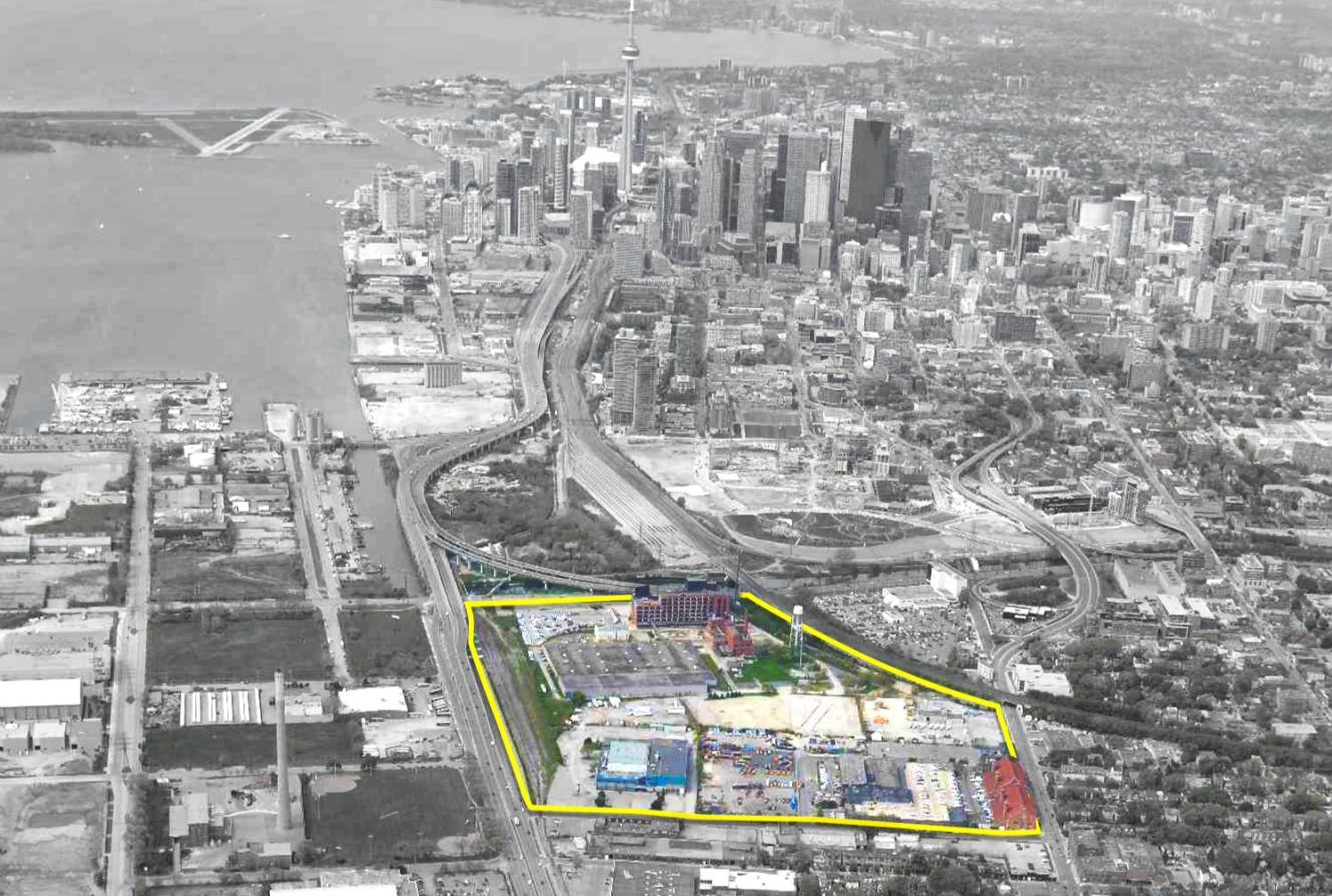 Outline of Unilever Precinct on aerial image, looking west toward downtown.