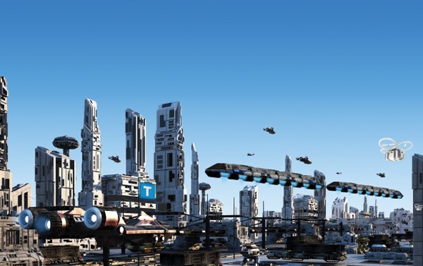 Rendering of futuristic city skyline