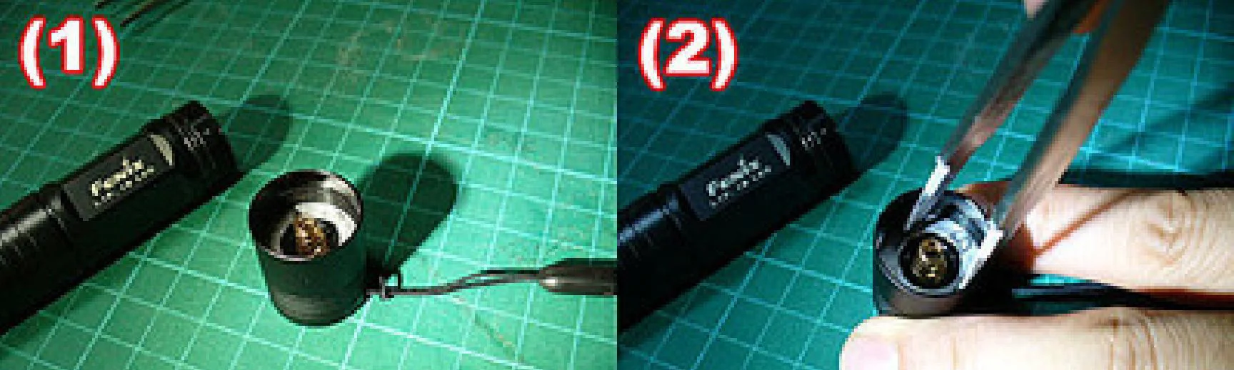 Removing tailcap and loosening retaining ring with forceps