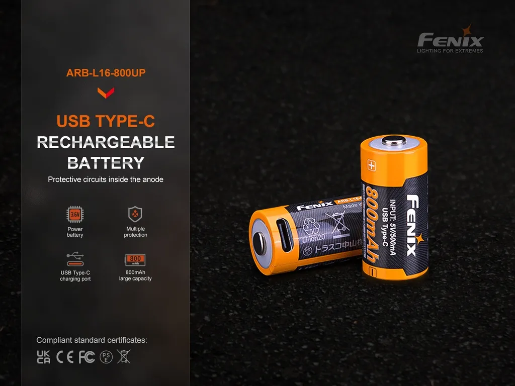 Fenix ARB-L16-800UP 16340 800mAh Li-ion USB-C Rechargeable Battery