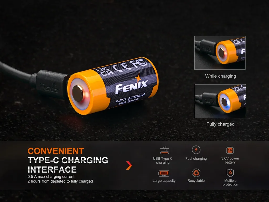 Fenix ARB-L16-800UP 16340 800mAh Li-ion USB-C Rechargeable Battery - view 2
