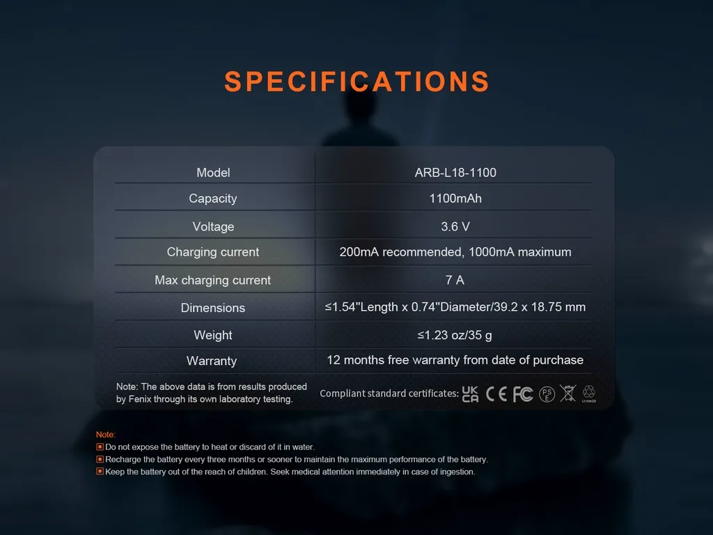 Fenix ARB-L18-1100 Rechargeable 18350 Li-Ion Battery - view 6
