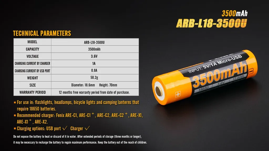 Fenix ARB-L18-3500U 18650 Li-ion USB Rechargeable Battery - view 7