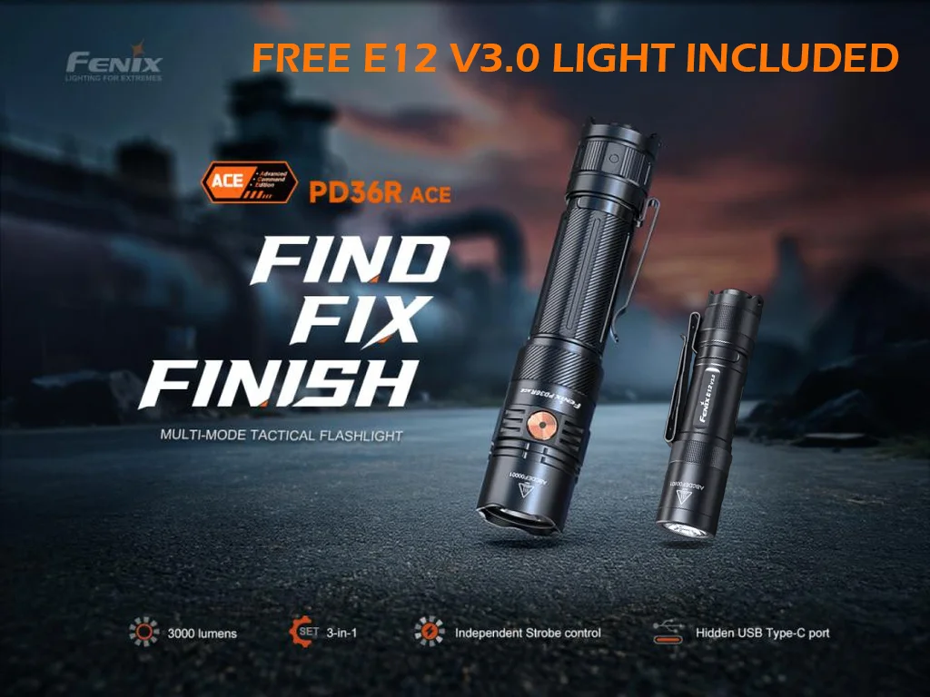 Fenix PD36R ACE Multi-Mode Tactical Flashlight + E12 V3.0 EDC Flashlight