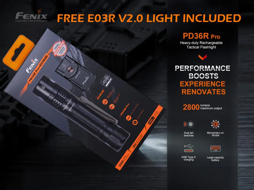 Fenix PD36R Pro Heavy-Duty Rechargeable Tactical Flashlight + E03R V2.0 Keychain Light