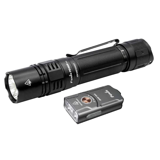 Fenix PD36R Pro Heavy-Duty Rechargeable Tactical Flashlight + E03R V2.0 Keychain Light cutout