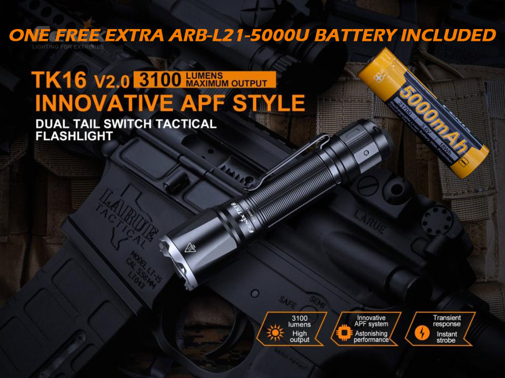 Fenix TK16 V2.0 Dual Tail Switch Tactical Flashlight with extra battery