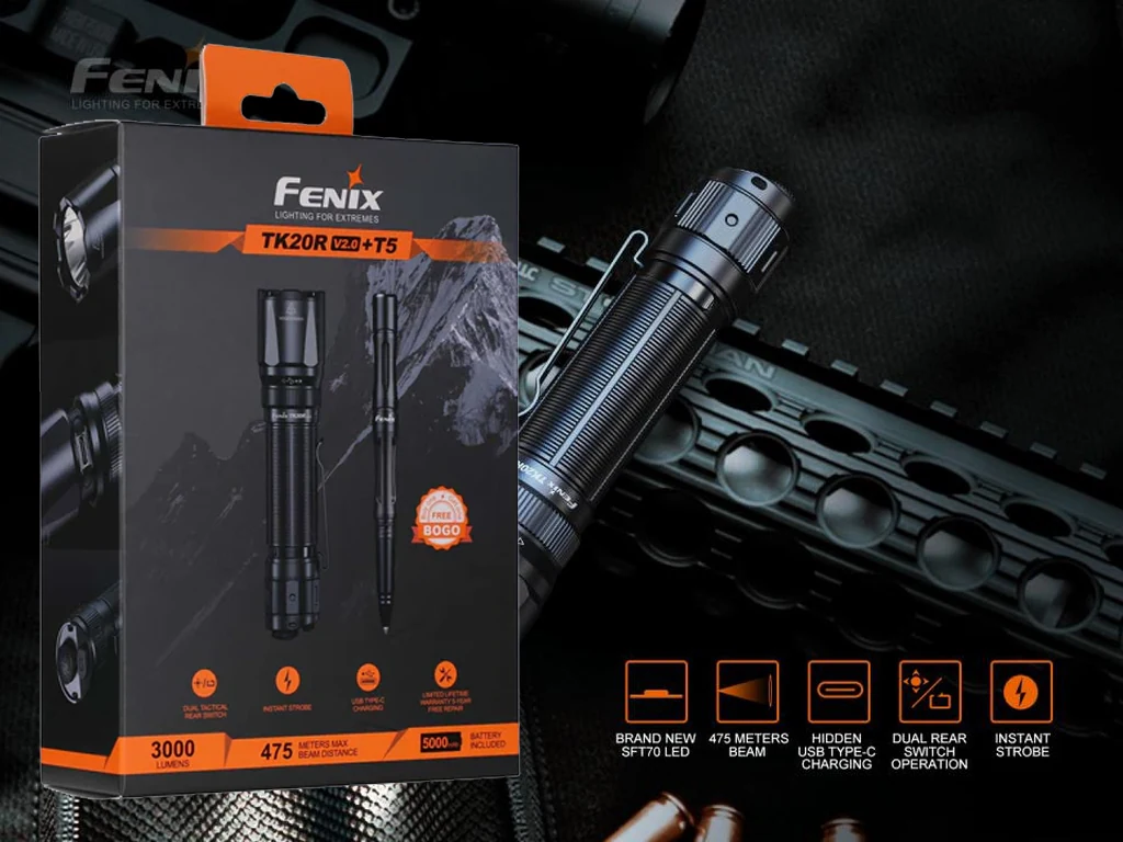 Fenix TK20R V2.0 Rechargeable Dual Rear-Switch Multipurpose Flashlight + T5 Tactical Pen