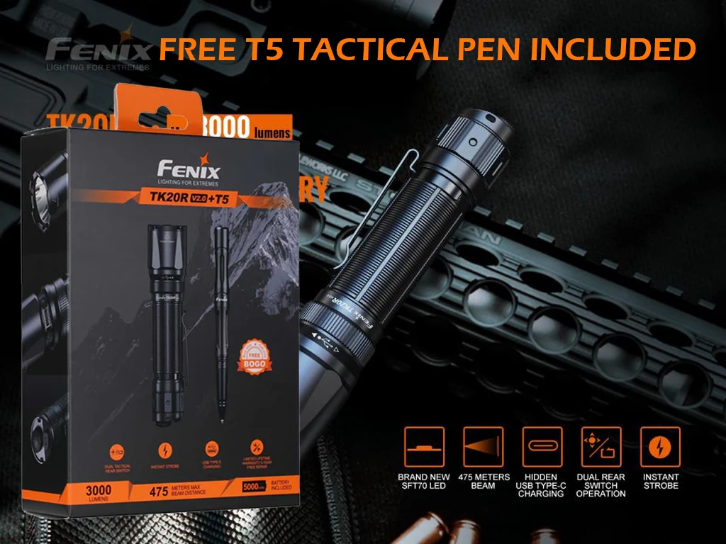 Fenix TK20R V2.0 Rechargeable Dual Rear-Switch Multipurpose Flashlight + T5 Tactical Pen