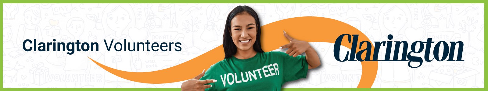 Clarington Volunteers graphic image with a young woman pointing at her t-shirt that says Volunteer