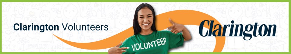 Clarington Volunteers graphic image with a young woman pointing at her t-shirt that says Volunteer