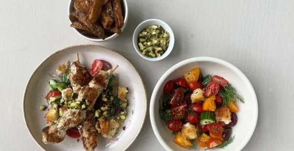 GREEK STYLE CHICKEN SKEWERS WITH SALSA, SALAD AND FRIES