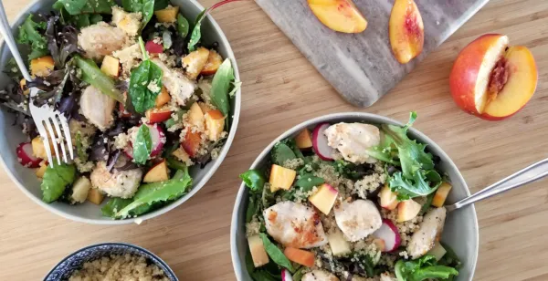 GRILLED CHICKEN SALAD WITH NECTARINES, QUINOA, AND CREAMY CURRY VINAIGRETTE