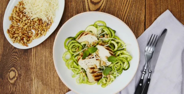 ZUCCHINI NOODLES WITH BASIL PESTO AND PAN-ROASTED CHICKEN BREAST