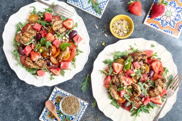 TOMATO, WATERMELON, AND QUEBEC STRAWBERRY SALAD WITH ZA’ATAR CHICKEN