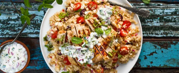 WARM SHISH TAOUK-STYLE CHICKEN AND QUINOA SALAD