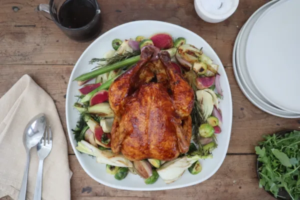 ASIAN GLAZED CHICKEN, ROASTED VEGETABLES
