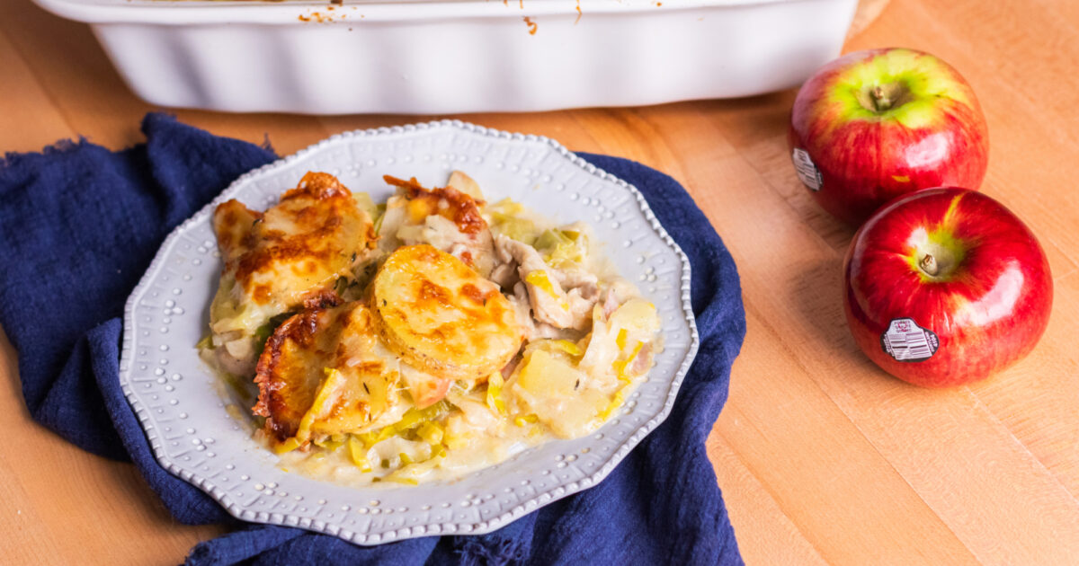 Chicken gratin with apples and leeks recipe | Exceldor