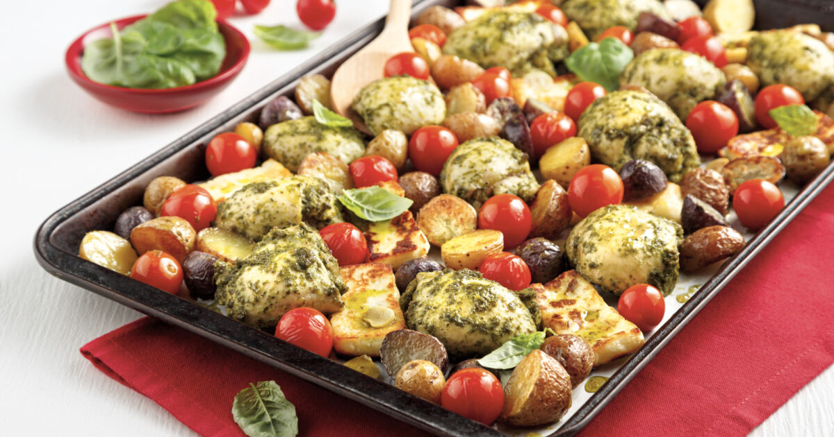 Chicken Thighs with Pesto, Tomatoes, and Halloumi Cheese | Exceldor