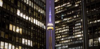 به احترام کوبی برایانت بازیکن فقید لیکرز، برج CN تورنتو به رنگ بنفش و طلایی درامد