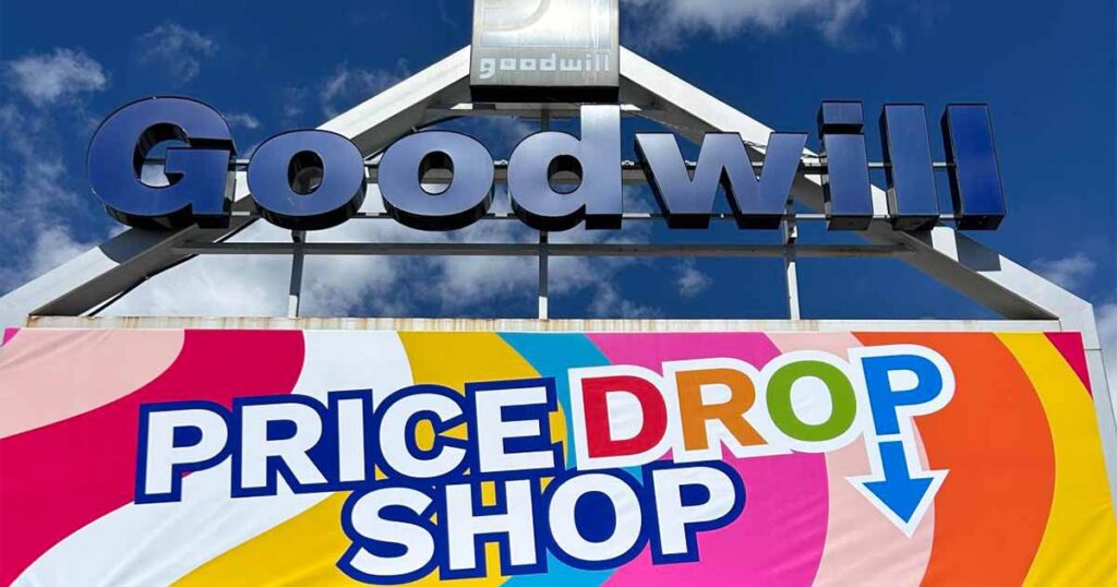 Calgary Goodwill Price Drop Shop & Donation Centre exterior entrance doors.