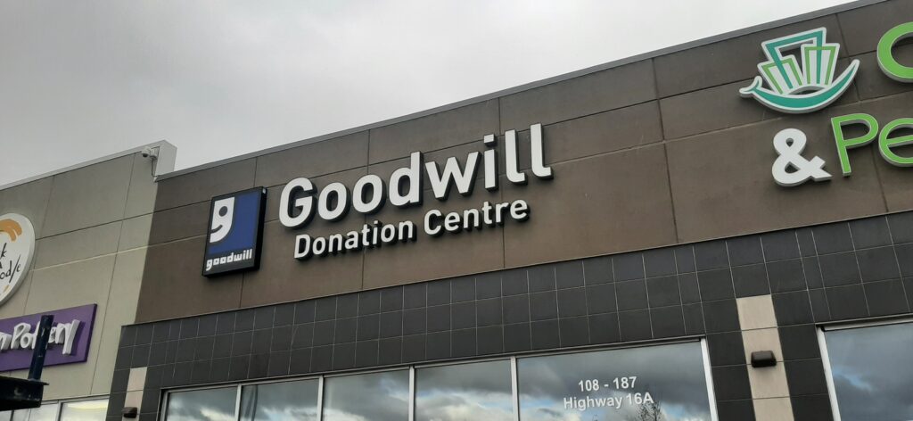 Spruce Grove Sunrise Goodwill Donation Centre exterior entrance doors.