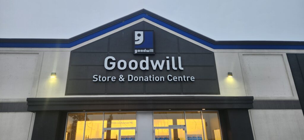 Calgary Sunridge Goodwill Thrift Store & Donation Centre exterior entrance doors.