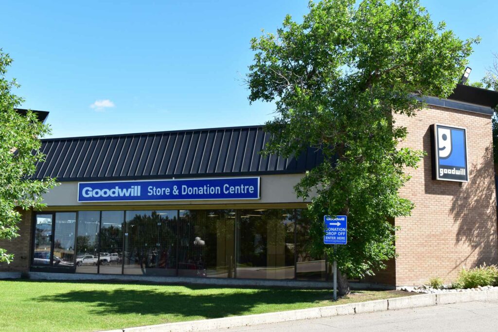 Sherwood Park Athabascan Goodwill Donation Centre exterior entrance doors.