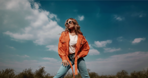Woman showcasing a popular TikTok fashion trend - a pop of colour in her outfit