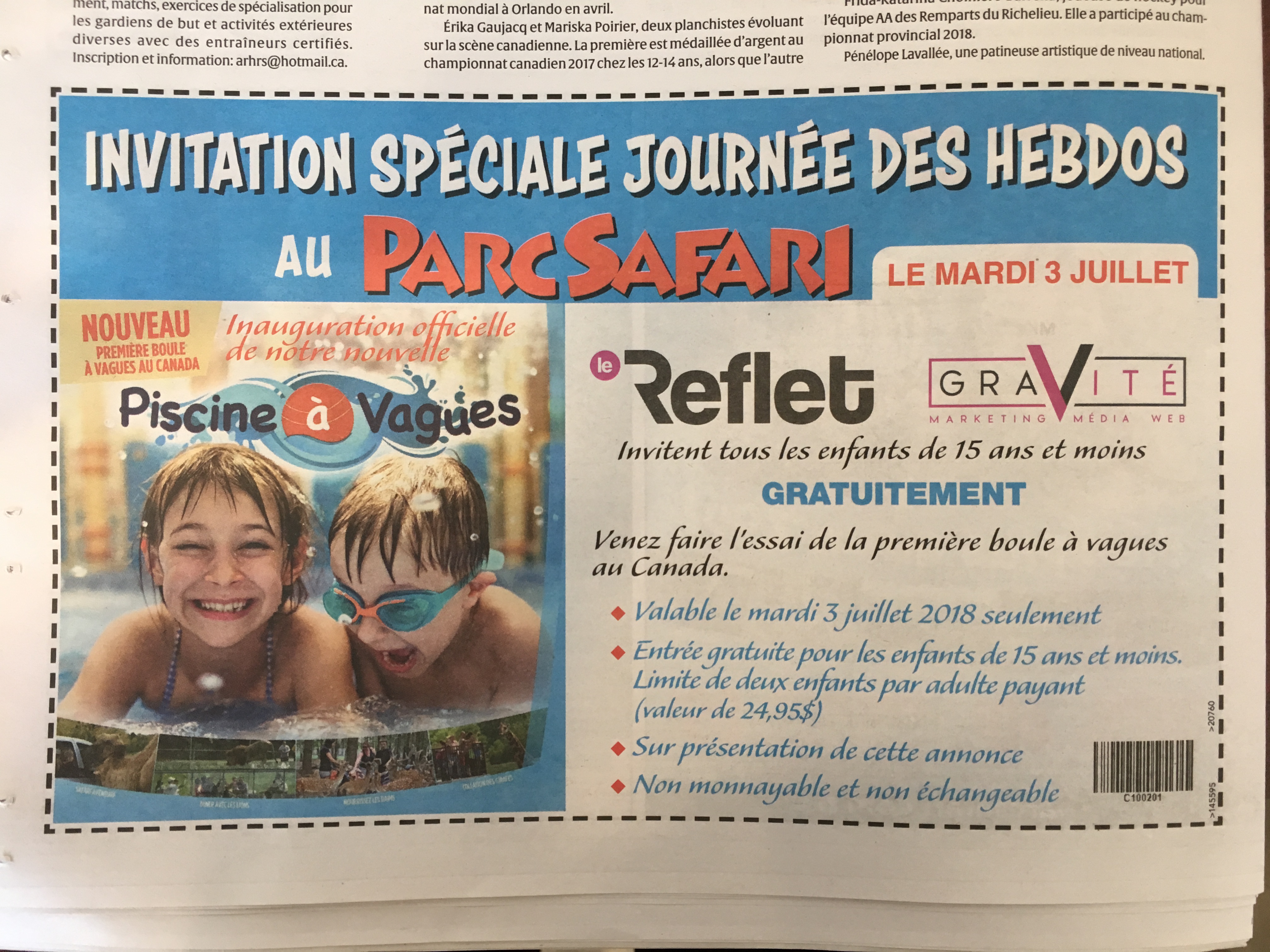 Enfants admis gratuitement au Parc Safari le 3 juillet